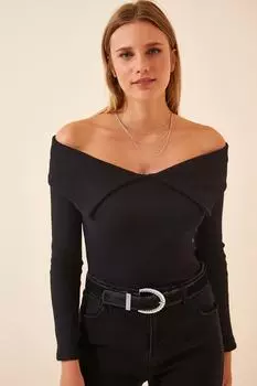 Женская черная трикотажная блузка с воротником "Кармен" Happiness stanbul, черный