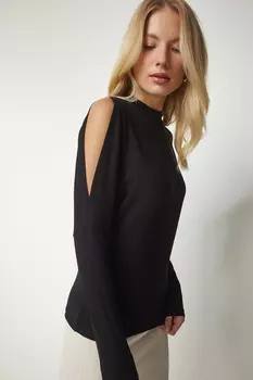 Женская черная трикотажная блузка с высоким воротником и открытыми плечами Happiness stanbul, черный