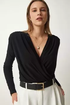 Женская черная трикотажная блузка с запахом и воротником-стойкой Happiness stanbul, черный