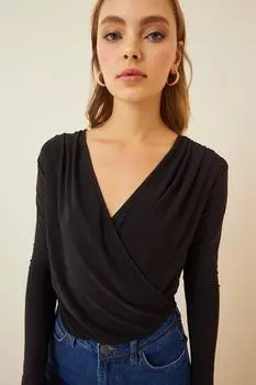 Женская черная трикотажная блузка с запахом и воротником песочного цвета Happiness stanbul, черный