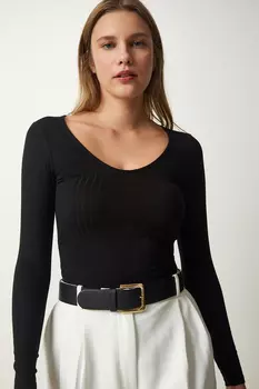 Женская черная трикотажная блузка Saran с v-образным вырезом Happiness stanbul, черный
