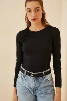 Женская черная трикотажная блузка со сборками Happiness stanbul, черный