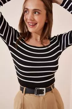 Женская черная трикотажная блузка в полоску с квадратным воротником Happiness stanbul, черный