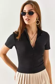 Женская черная укороченная блузка из лайкра на молнии Olalook, черный