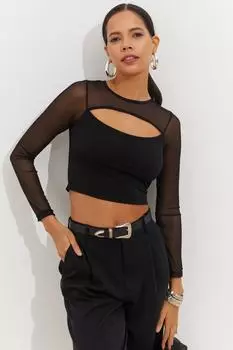 Женская черная укороченная блузка из тюля с окном CY1119 Cool & Sexy, черный