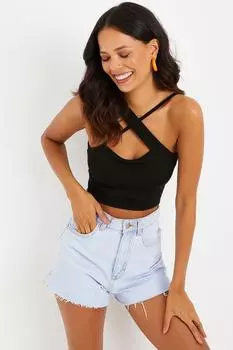 Женская черная укороченная блузка из вискозы с перекрестными бретелями Cool & Sexy, черный