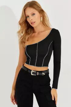 Женская черная укороченная блузка контрастного цвета на одно плечо Cool & Sexy, черный