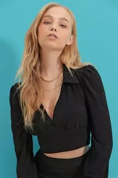 Женская черная укороченная блузка песочного цвета с рубашечным воротником и корсетом ALC-X9358 Trend Alaat Stili, черный