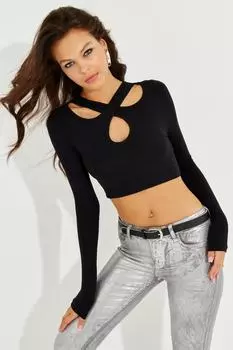 Женская черная укороченная блузка с крестообразным воротником B2746 Cool & Sexy, черный