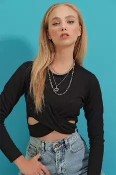 Женская черная укороченная блузка с круглым вырезом и поясом ALC-X9187 Trend Alaat Stili, черный