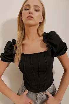 Женская черная укороченная блузка с квадратным вырезом и прошитыми спереди рукавами арбуза Trend Alaat Stili, черный