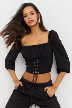 Женская черная укороченная блузка с люверсами YEL58 Cool & Sexy, черный