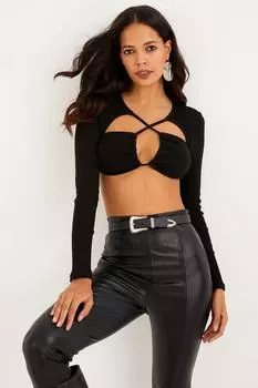 Женская черная укороченная блузка с перекрестным воротником и сборкой спереди Cool & Sexy, черный