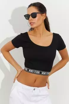 Женская черная укороченная блузка с U-образным вырезом спереди и сзади RLO11 Cool & Sexy, черный