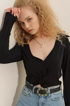 Женская черная укороченная блузка с воротником поло и пуговицами песочного цвета Trend Alaat Stili, черный