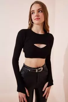 Женская черная укороченная блузка спортивный трикотажный костюм Happiness stanbul, черный