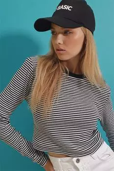 Женская черная укороченная блузка в полоску с круглым вырезом в рубчик Trend Alaat Stili, черный