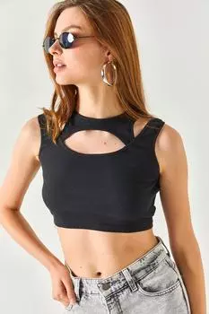 Женская черная укороченная блузка в рубчик с вырезами Olalook, черный