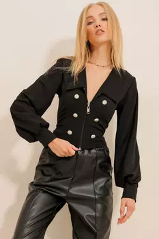 Женская черная укороченная куртка для дайвера на молнии и пуговицах с детским воротником ALC-X11128 Trend Alaat Stili, черный