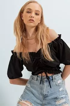 Женская черная укороченная тканая блузка с воротником Мадонны на талии и рукавами, эластичная спереди со сборками ALC-X8562 Trend Alaat Stili, черный