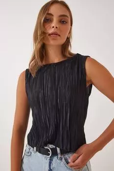 Женская черная укороченная трикотажная блузка без рукавов с текстурой Happiness stanbul, черный