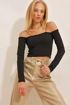 Женская черная укороченная трикотажная блузка из лайкры с вырезом лодочкой на веревочном ремне Trend Alaat Stili, черный