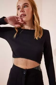 Женская черная укороченная трикотажная блузка с блестящими камнями Happiness stanbul, черный