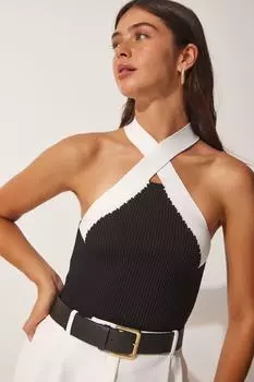 Женская черная укороченная трикотажная блузка с бретелькой на шее Happiness stanbul, черный