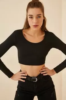 Женская черная укороченная трикотажная блузка с круглым вырезом Happiness stanbul, черный