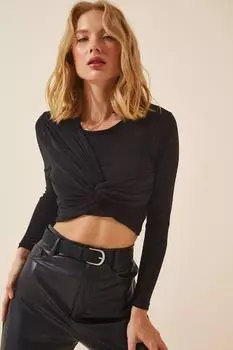 Женская черная укороченная трикотажная блузка с узлом Happiness stanbul, черный