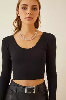 Женская черная укороченная трикотажная блузка с v-образным вырезом Happiness stanbul, черный