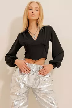 Женская черная укороченная трикотажная блузка с воротником-поло и детальными рукавами с манжетами ALC-X11127 Trend Alaat Stili, черный