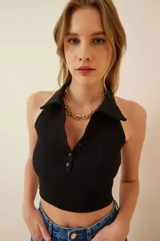 Женская черная укороченная трикотажная блузка с воротником-поло Happiness stanbul, черный