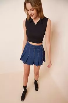 Женская черная укороченная трикотажная блузка с воротником-поло Happiness stanbul, черный