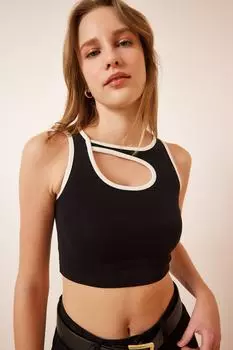 Женская черная укороченная трикотажная блузка с вырезами Happiness stanbul, черный