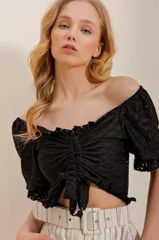 Женская черная укороченная трикотажная блузка со сборками спереди и рукавами арбуза, фестонами Trend Alaat Stili, черный