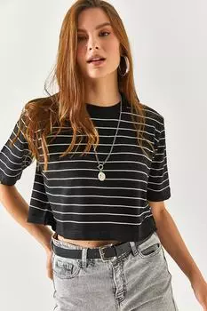 Женская черная укороченная трикотажная блузка в полоску с круглым вырезом Olalook, черный