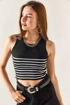 Женская черная укороченная трикотажная блузка в шесть полосок Olalook, черный