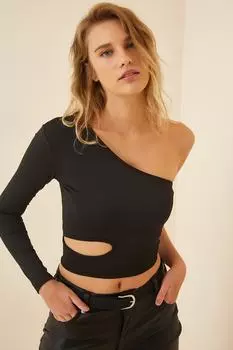 Женская черная укороченная вязаная куртка с милыми деталями Happiness stanbul, черный