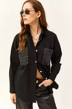 Женская черная узкая рубашка из габардина с каменными деталями на карманах Olalook, черный
