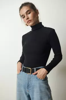 Женская черная вельветовая трикотажная блузка с водолазкой Happiness stanbul, черный