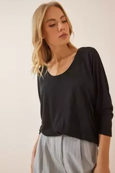 Женская черная вискозная блузка с U-образным вырезом и рукавами «летучая мышь» Happiness stanbul, черный