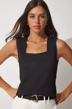 Женская черная вязаная блузка с квадратным воротником Happiness stanbul, черный