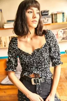 Женская черная вязаная блузка со сборками с узором Olalook, черный