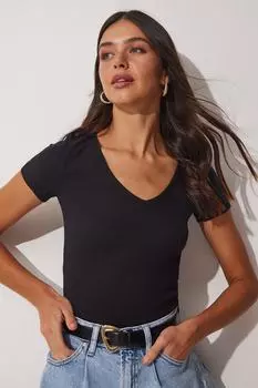 Женская черная вязаная футболка с v-образным вырезом Happiness stanbul, черный