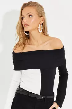 Женская черно-белая блузка-бретелька с воротником Мадонна EY2585 Cool & Sexy, черный