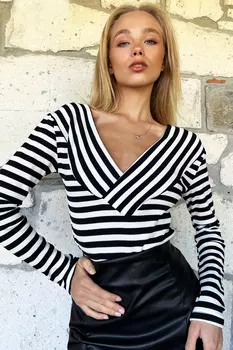 Женская черно-белая блузка в полоску с двубортным воротником Trend Alaat Stili, черный