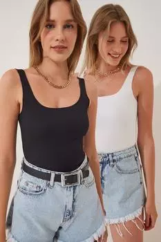 Женская черно-белая текстурированная блузка с толстыми бретелями на шнурке, комплект из 2 шт. Happiness stanbul, разноцветный