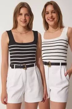 Женская черно-белая трикотажная блузка с квадратным воротником и толстыми ремешками, 2 шт. Happiness stanbul, черный