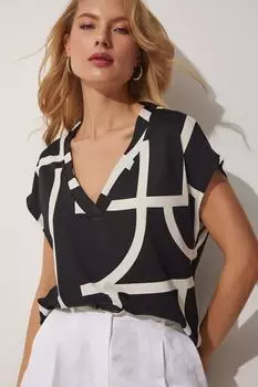 Женская черно-белая трикотажная блузка с v-образным вырезом и узором Happiness stanbul, черный